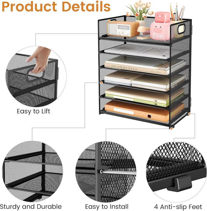 SUBEKYU 6 Tier Paper File Tray Organizer for Desk, Black Mesh Desk Letter Paper File Folder Accessories Sorter Organizer with Handle, Stackable Slide Tray for Office, Home or School Supplies Storage - Image 5